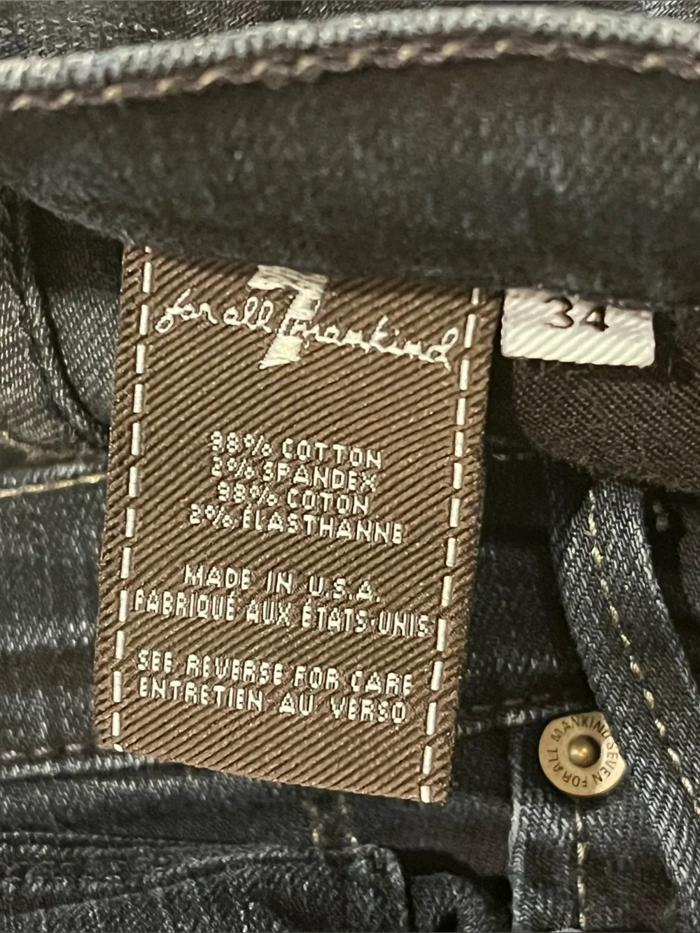 Seven for All Mankind Slimmy Slim Stretch Jeans Dark Wash Blue 34 USA MADE EUC
